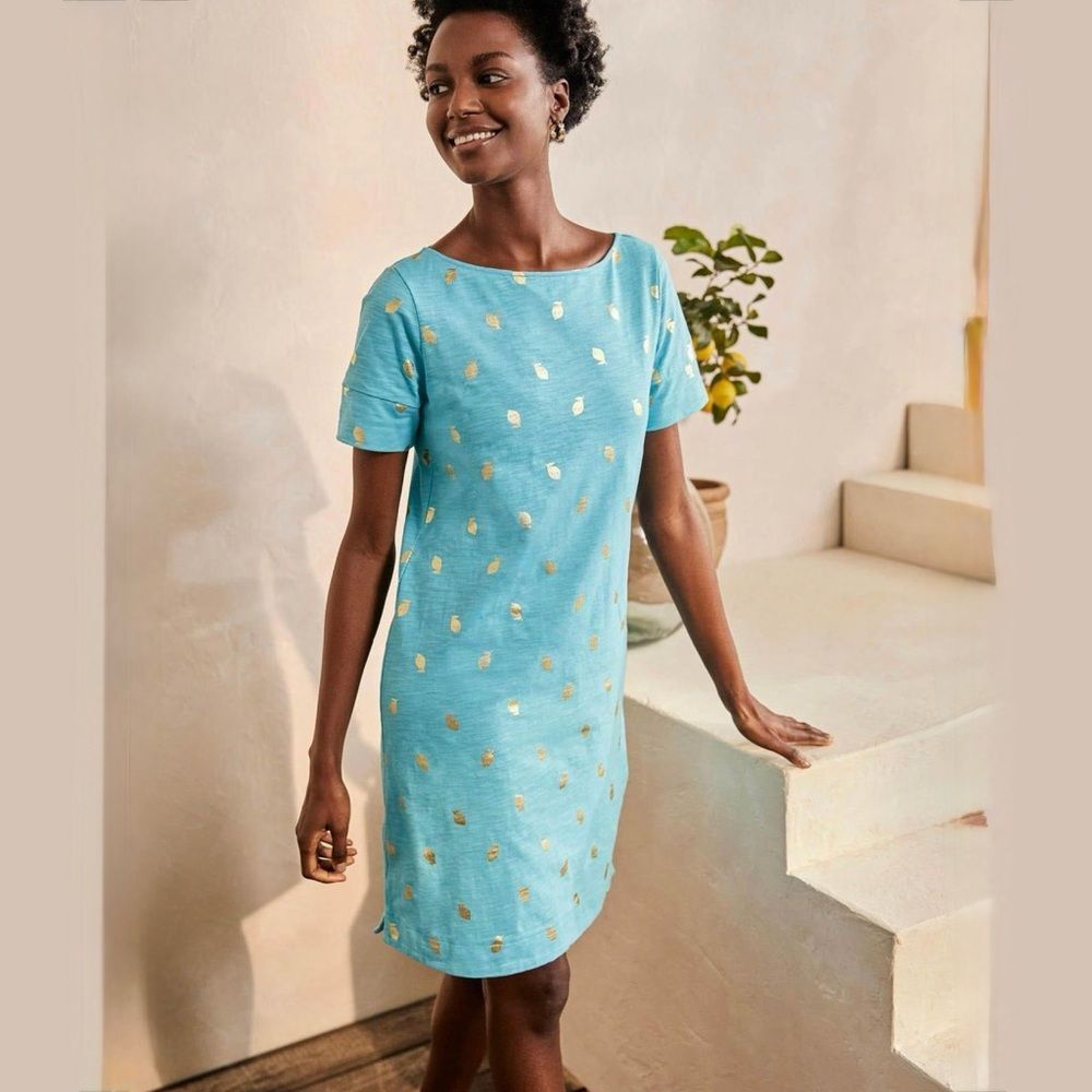 Boden Darcy Lemon Foil Print T-Shirt Dress Aqua/Metallic | Size 4L